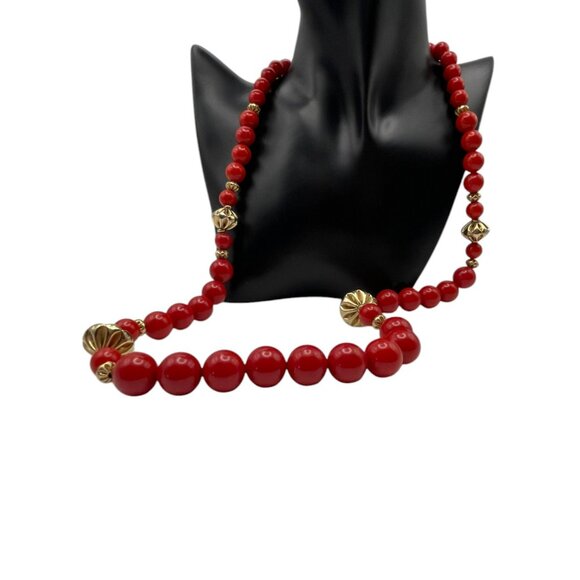 **Beaded Necklace Textured Gold Tone And Red Beads 30" - Picture 5 of 7